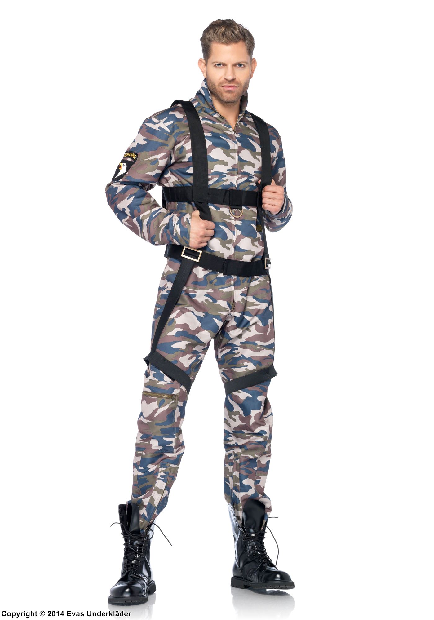 Paratrooper, jumpsuit costume, long sleeves, front zipper, camouflage